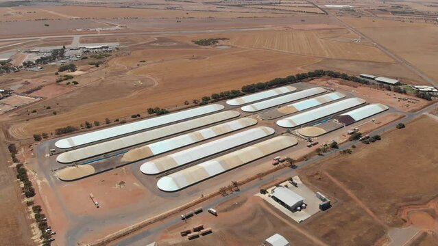 Aerial view of wheat storage grain handlers and bulkheads, Western, Australia