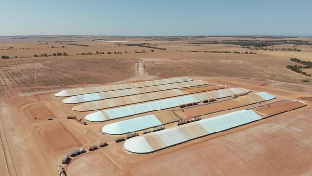 Aerial view of wheat storage grain handlers and bulkheads, Western, Australia