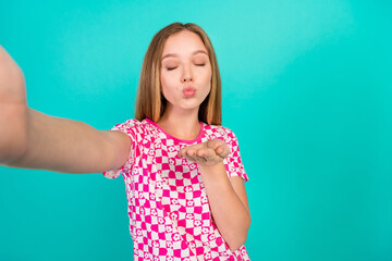 Photo of pretty teenager girl take selfie photo send air kiss dressed stylish pink print clothes...