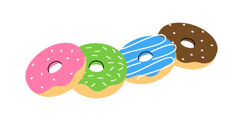 Glazed donut set. Bakery sweet pastry food. Vector illustration.