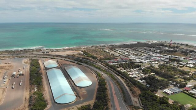 Aerial view of wheat storage grain handlers and bulkheads, Geraldton, Australia