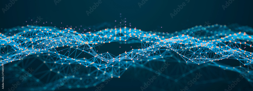 Poster Network of bright connected dots and lines. Abstract dynamic wave of many points. Digital background. 3D rendering.