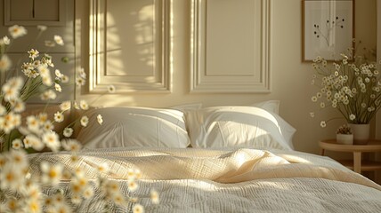 a bright spring room through, featuring a neatly folded duvet resting atop the bed, inviting relaxation and rejuvenation.