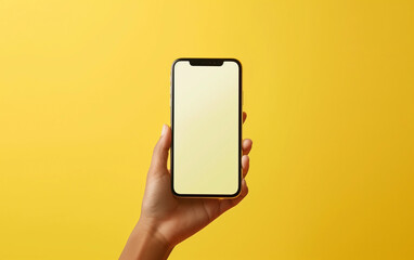 Fototapeta na wymiar A polished product showcase: hand holding smartphone with blank screen on vibrant yellow backdrop, highlighting clean, spacious design