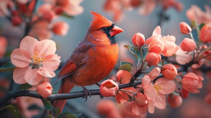 red cardinal bird sits on a blossoming branch of an apple tree - Powered by Adobe