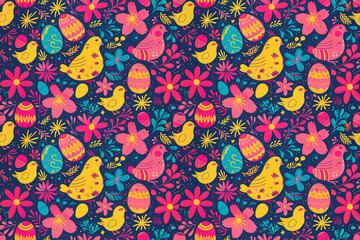 Fototapeta na wymiar Colorful Easter Pattern. Birds and Eggs Among Flowers on Dark Background.