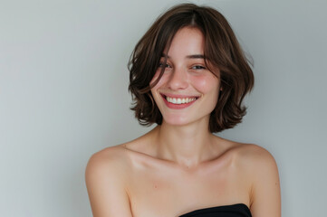 A cheerful young woman with a short bob haircut is smiling gently towards the camera. She has a subtle, joyful expression and is wearing an off-shoulder top