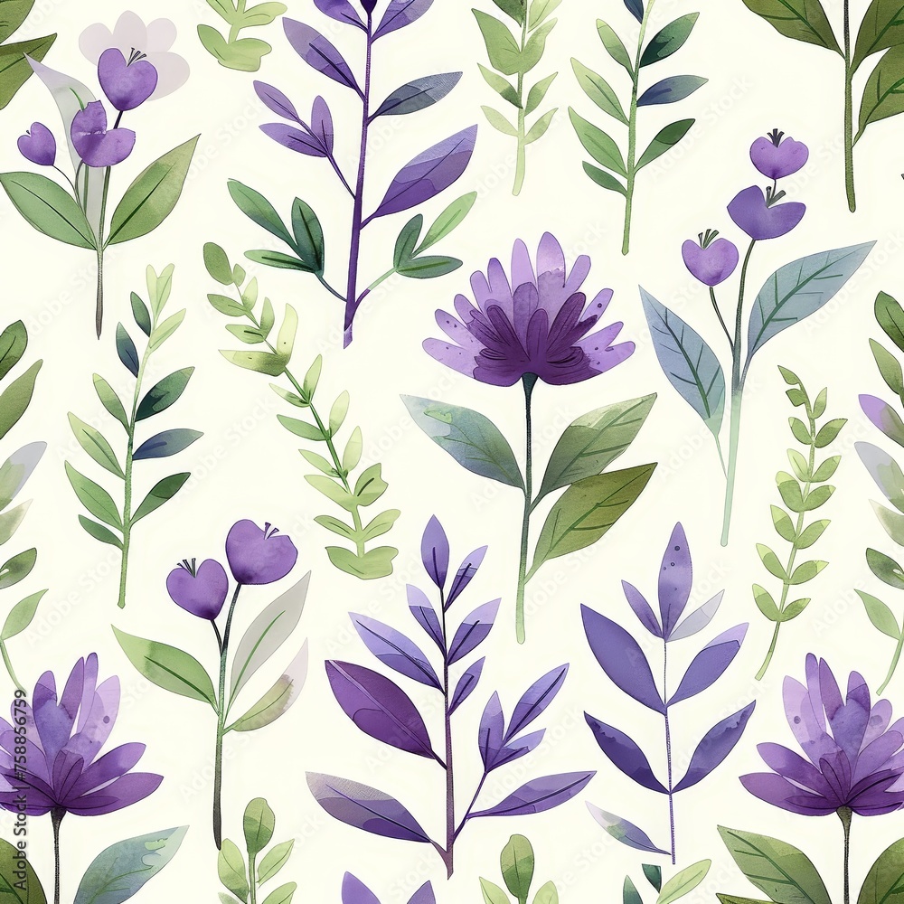 Poster beautiful purple flowers and vibrant green leaves intertwine harmoniously on a pristine white canvas