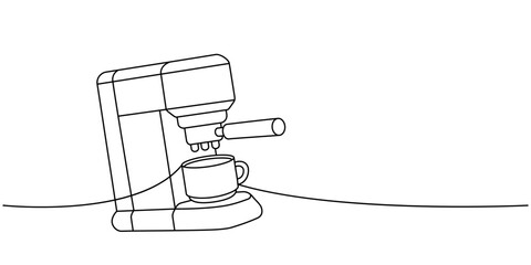 Coffee machine with cup one line continuous drawing. Hand drawn elements for cafe menu, coffee shop. Vector linear illustration.