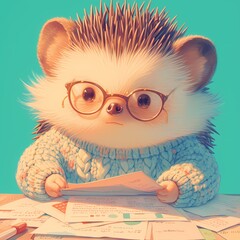 Hedgehog in a cozy knit sweater and reading glasses, enjoying a book amidst the beauty of nature. A heartwarming scene that captures the essence of tranquility and warmth. - obrazy, fototapety, plakaty