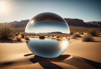 A water-filled orb in a desert with intricate lighting and texture highlighting the contrast between life and desolation - Concept for desertification and water value - obrazy, fototapety, plakaty