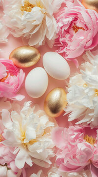 a background of pink and white peonies with a few gold easter eggs covering only 30% of the image, minimal, solid pastel pink color background 