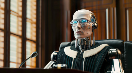 AI robot in judge robes sits in courtroom, symbolizing integration of artificial intelligence into judicial system - futuristic scenario where technology plays crucial role in legal proceedings.