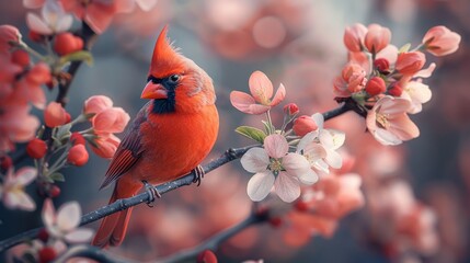 red cardinal bird sits on a blossoming branch of an apple tree
