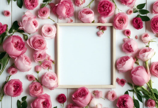 Flowers composition Day Flat Frame wooden background view lay top Valentine's white pink made Flower Mother Table Flatlay Desk Spring Valentine Mockup Feminine Wedding