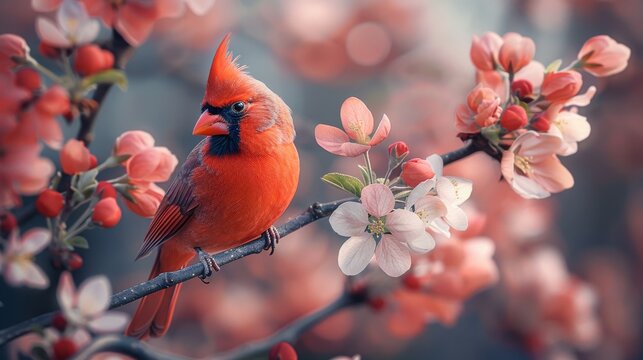 red cardinal bird sits on a blossoming branch of an apple tree
