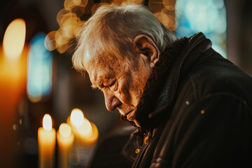 Obraz premium Sad, funeral and elderly man crying in church for God, holy spirit or religion in Christian community cathedral