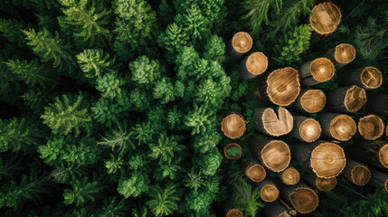 comparison of a green dense forest and sawn round logs, aerial survey, view from the top, deforestation, treetops - obrazy, fototapety, plakaty