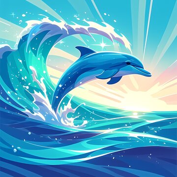 Vibrant Dolphin Jumping from Water - Illustrated Animal Image for Advertising and Branding