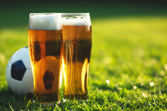 Two beer glasses standing on the grass of the pitch with a ball