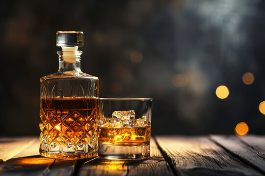 Whiskey bottle and glass on a wooden table against a dark background