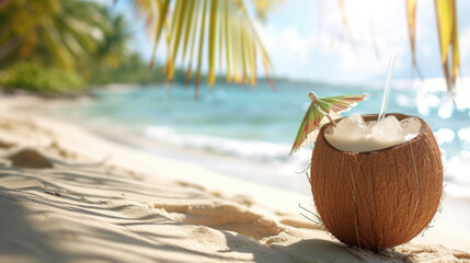 coconut cocktail, in the summer on the beach, on the ocean shore, standing on the sand, exotic vacation under palm leaves