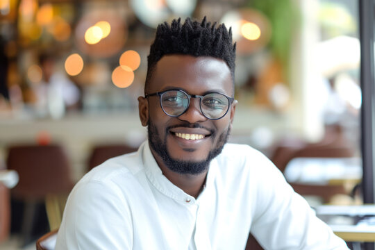 Young smiling man of African beauty with glasses or young businessman sitting in a cafe taking a break