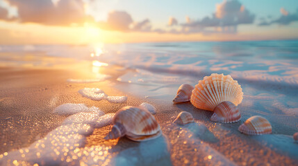 a seashell on a sandy beach with the sun shining in the background - obrazy, fototapety, plakaty