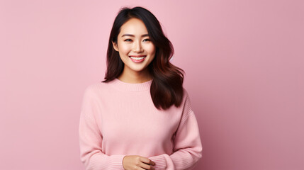 Fototapeta premium smiling happy woman of Asian ethnicity 20s in pink sweater standing over isolated background.