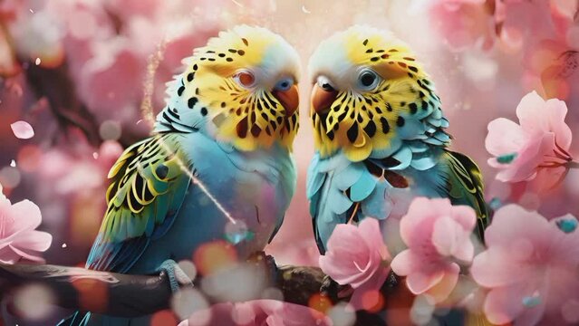 a pair of beautiful budgerigars. Seamless looping 4k time-lapse virtual video animation background


