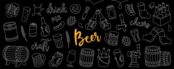 Beer pub outline set. Barrels, cans, mugs, metal keg, bottle opener, sausages, tap, hop cone. Brewery factory production. Vector illustration.
