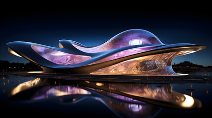 Architectural design of a national museum, in organic shape, Liquid foil, holographic, flowing, transparent, curves, dark sky-blue, light navy and violet 