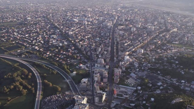Aerial view of the city Shkoder during sunrise, Albania
