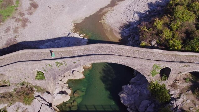 Aerial view of old ottoman mesi bridge over the Kir river, Shkoder, Albania