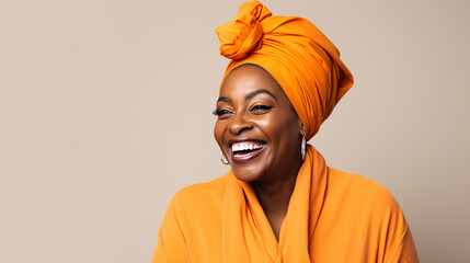 Smiling middle aged african american woman with orange headscarf standing over isolated background.