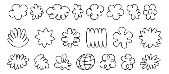 Vector set of stickers, scribbles and doodles in simple linear hand drawn style with copy space, minimal monoline design elements for posters, social media, print, banners - 758860501