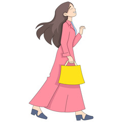 cartoon doodle illustration of women's activities, happy girl walking, feeling carefree and free from shopping