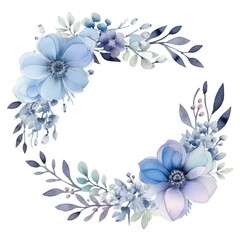 Fototapeta premium Elegant Watercolor Floral Wreath Featuring Blue and White Blooms With Foliage Accents
