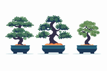 Set of bonsai Japanese trees grown in containers. Decorative little tree vector illustration. Nature art