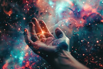 Conceptual design of a hand extending from a galaxy. Touch of human hands against the background of cosmic energy. by AI generated image - obrazy, fototapety, plakaty