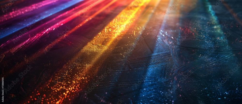 Wall mural dark abstract background with leaking rays of rainbow coloured light.