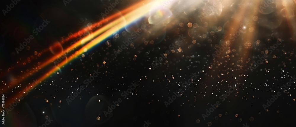 Wall mural dark abstract background with leaking rays of rainbow coloured light.