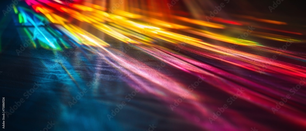 Wall mural dark abstract background with leaking rays of rainbow coloured light.