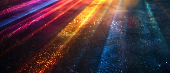 Dark abstract background with leaking rays of rainbow coloured light. - obrazy, fototapety, plakaty