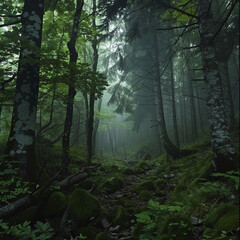 A lush green forest with a thick canopy of trees. The trees are tall and dense, creating a sense of seclusion and tranquility. The foggy atmosphere adds to the overall mood of the scene - obrazy, fototapety, plakaty