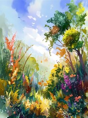 A stunning watercolor painting depicting a lush, flourishing landscape. A serene river meanders through the scene, surrounded by vibrant flora and fauna.