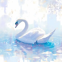 Ethereal Swan in Mist-Filled Pond, Captivatingly Rendered in Soft Whites and Grays