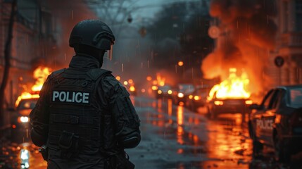 The police confront the crowd involved in the street riot. Angry protestors are violent, vandalizing buildings and vehicles.  - obrazy, fototapety, plakaty