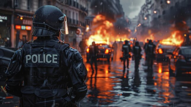 The police confront the crowd involved in the street riot. Angry protestors are violent, vandalizing buildings and vehicles. 