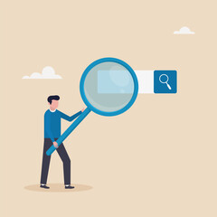 The concept of searching for a new job, searching for a candidate. Search engine optimization SEO, searching for career opportunities, HR business man clicks magnifying glass on search bar. 
